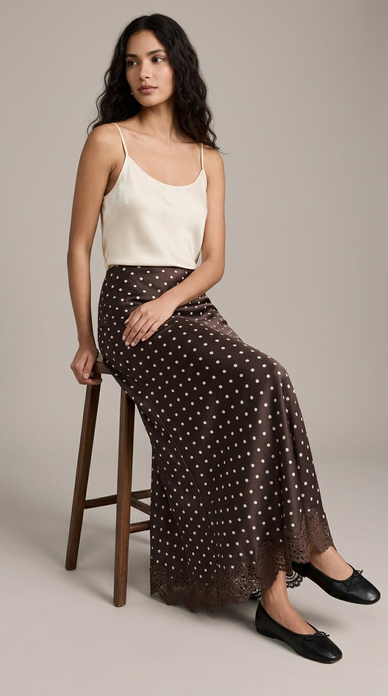 Polka Dot Satin Skirt with Lace Detail in Dark Brown - Elastic Waist Lace-Trim Maxi Skirt
