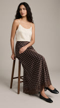 Polka Dot Satin Skirt with Lace Detail in Dark Brown - Elastic Waist Lace-Trim Maxi Skirt
