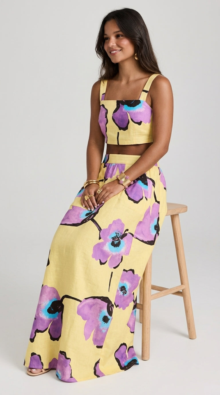 Floral Print Set - Square Neck Tie-Back Crop Top and Wide-Leg Maxi Skirt Set