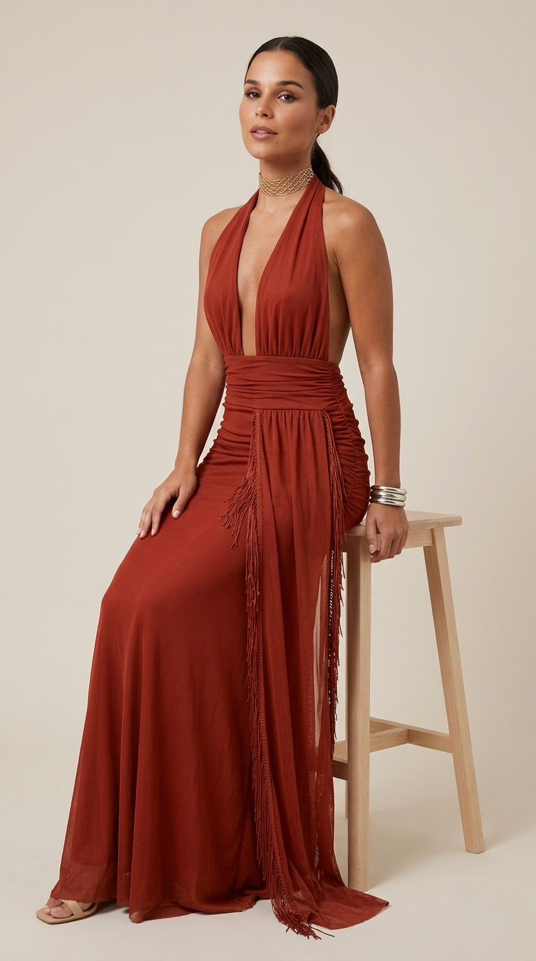 Aina Dress in Terracota - Deep V Halter Ruched Maxi Dress