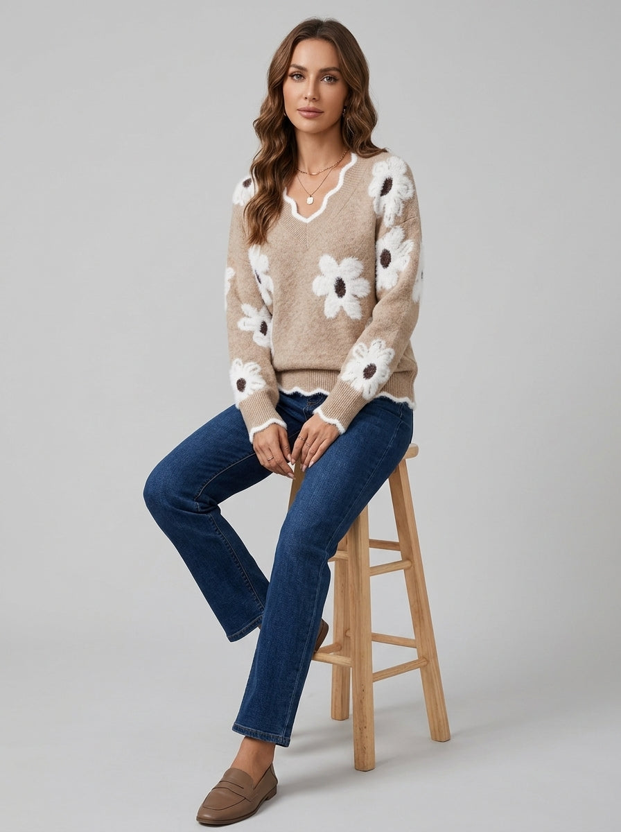 Fuzzy Daisy Print Knit Sweater - Beige Scalloped V-Neck Floral Pullover