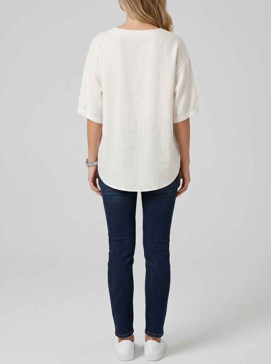 White Diagonal Button Blouse - Tie-Front Drawstring Hem Casual Top