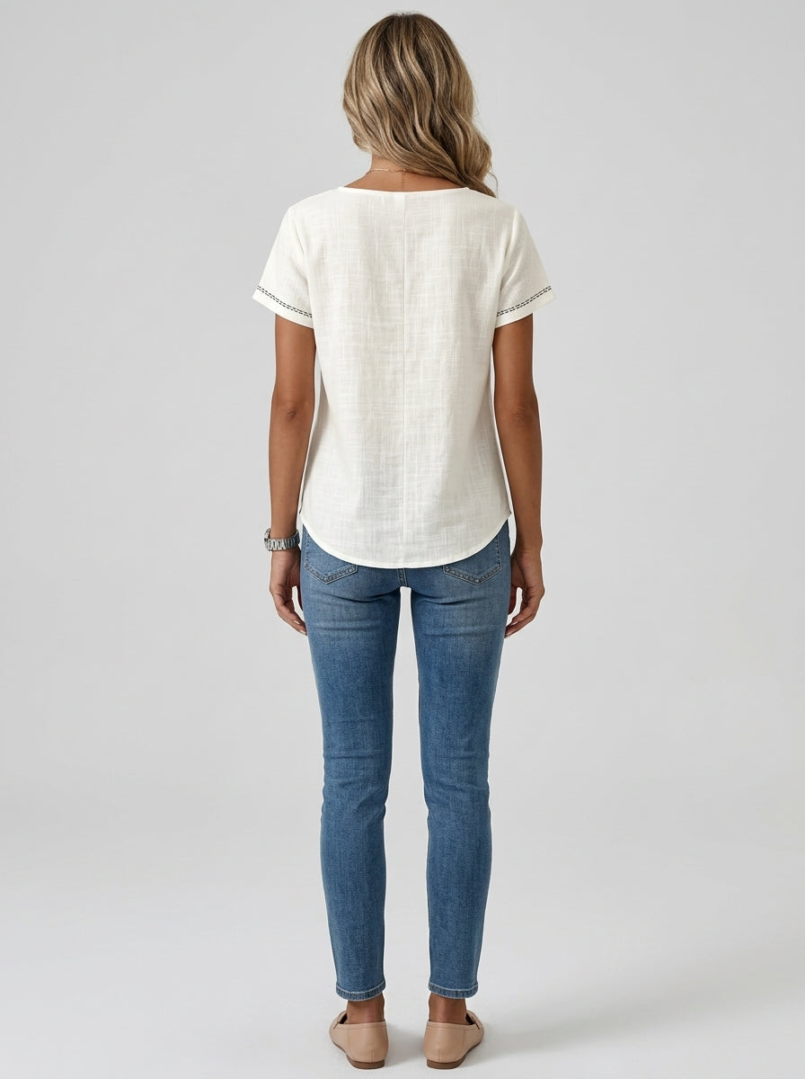 White Square Neck Contrast Stitch Blouse - Two-Button Casual Top