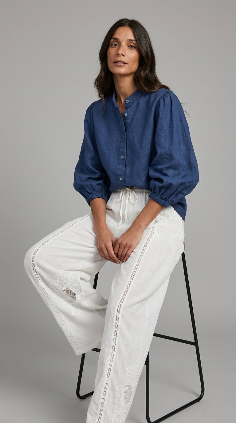 Balloon Sleeve Linen Blouse in Dark Denim - Band Collar Puff Sleeve Blouse