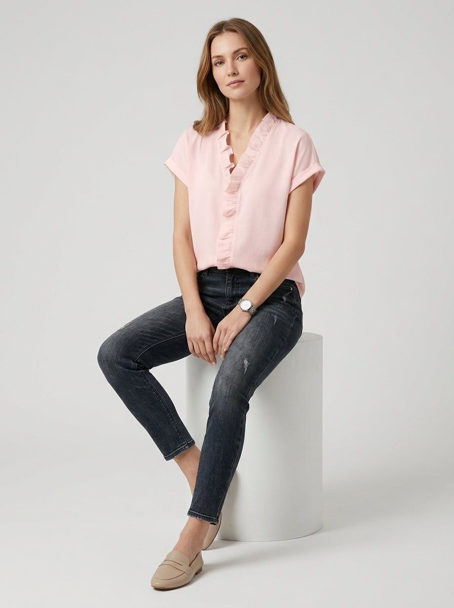 Pink Ruffle Trim V-Neck Blouse - Cap Sleeve Casual Top