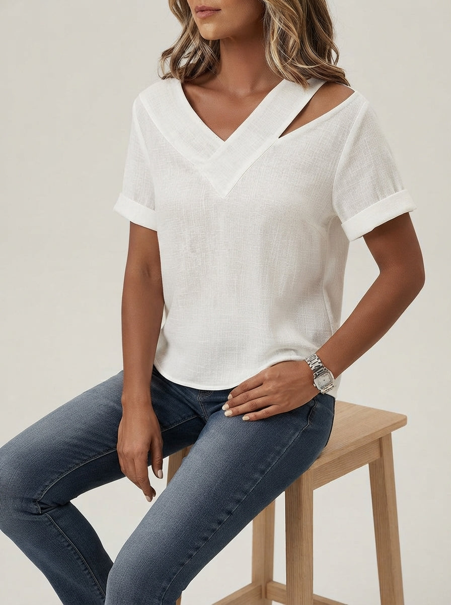 White Asymmetric Cutout Top - V-Neck Rolled Cuff Short Sleeve Blouse