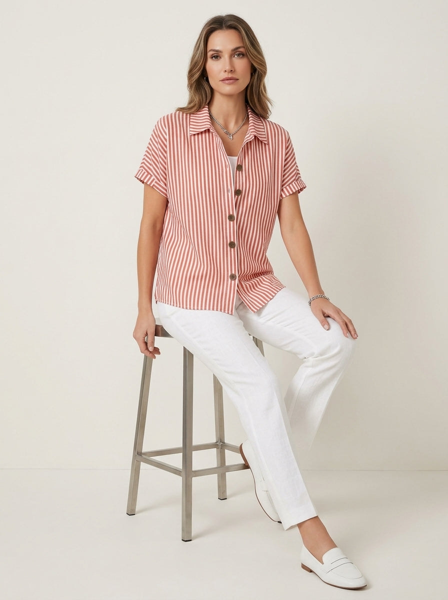 Classic Cotton Striped Button-Up Shirt - Red White Short Sleeve Top