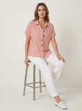 Classic Cotton Striped Button-Up Shirt - Red White Short Sleeve Top