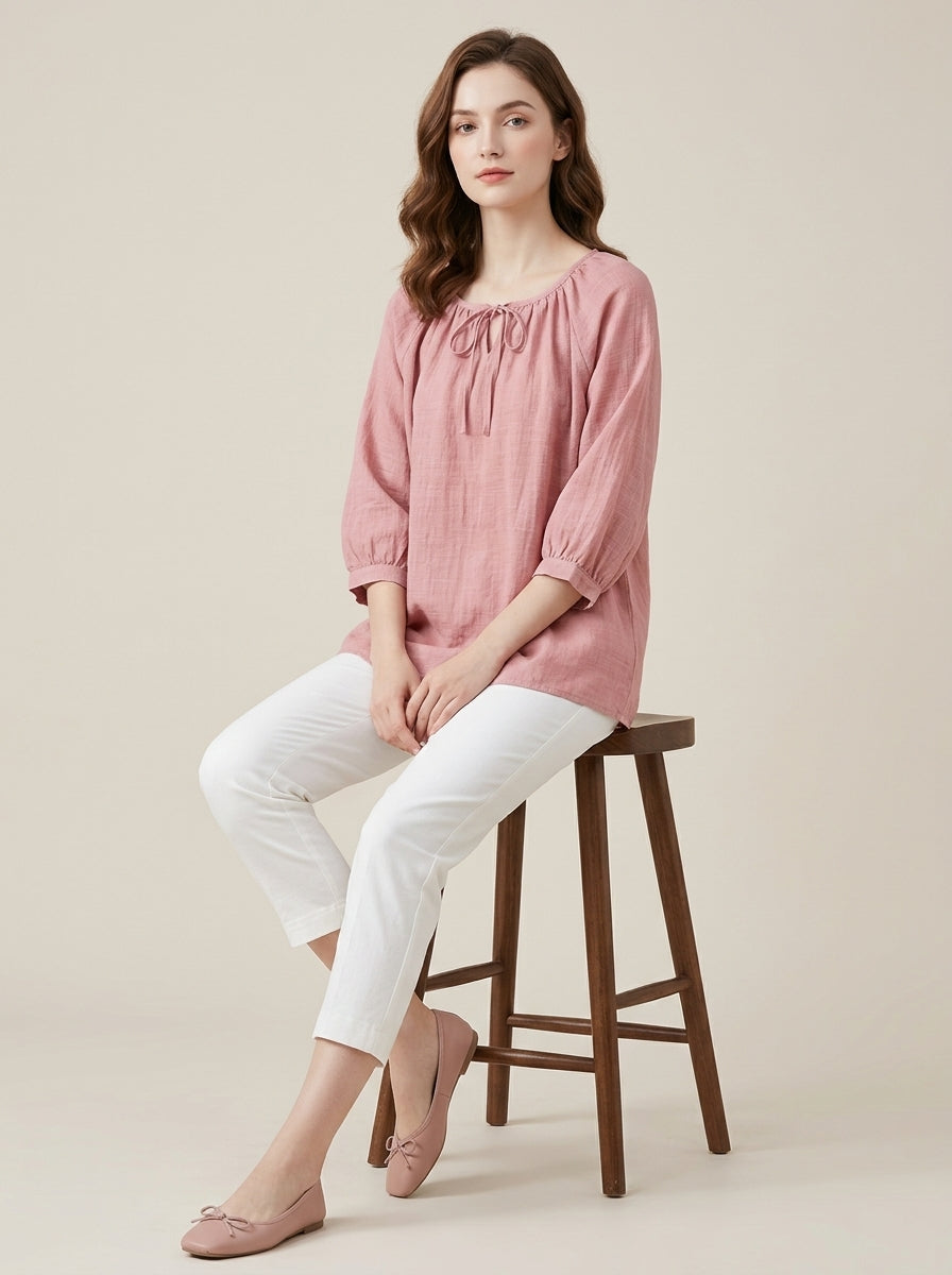 Loose Casual Cotton Blouse - Pink Tie-Neck 3/4 Sleeve Top