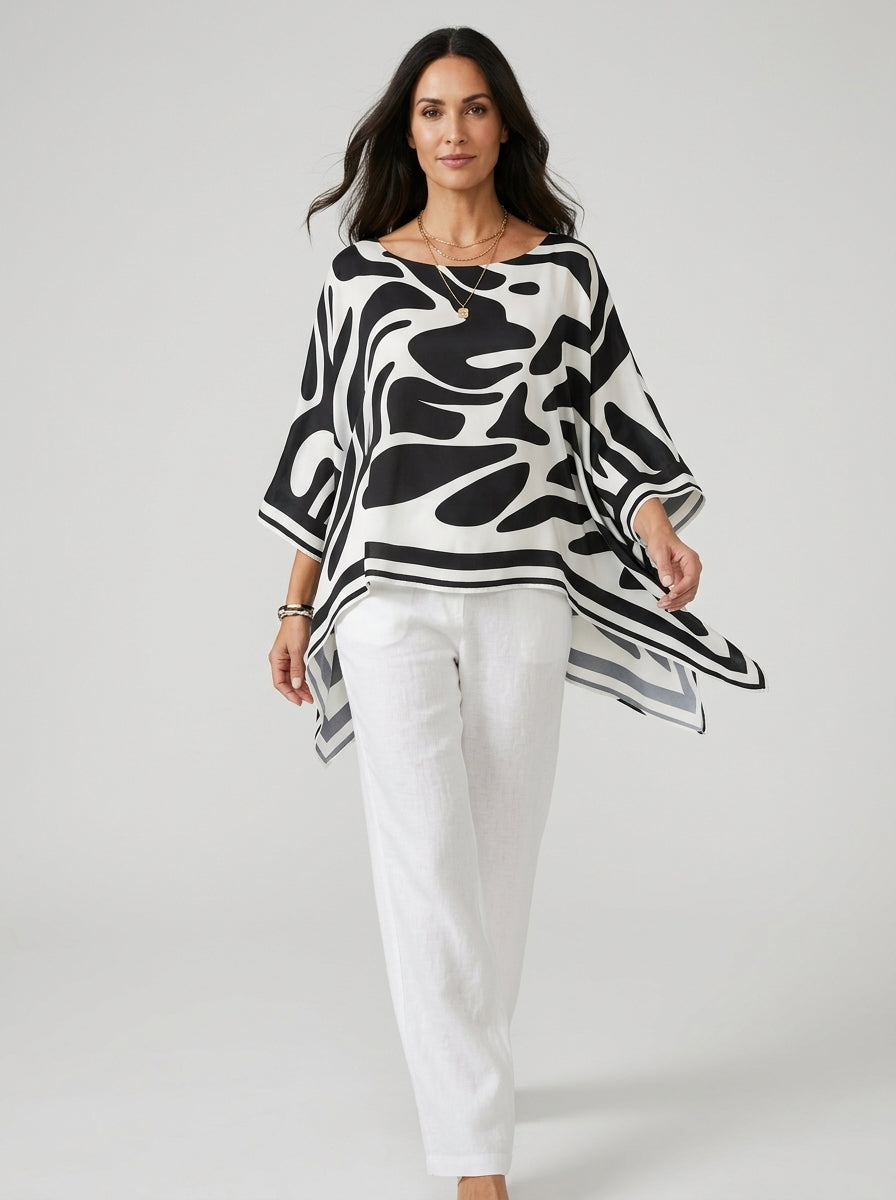 Casual Abstract Swirl Print Asymmetric Hem Top in Black and White - Round Neck Long Sleeve Blouse