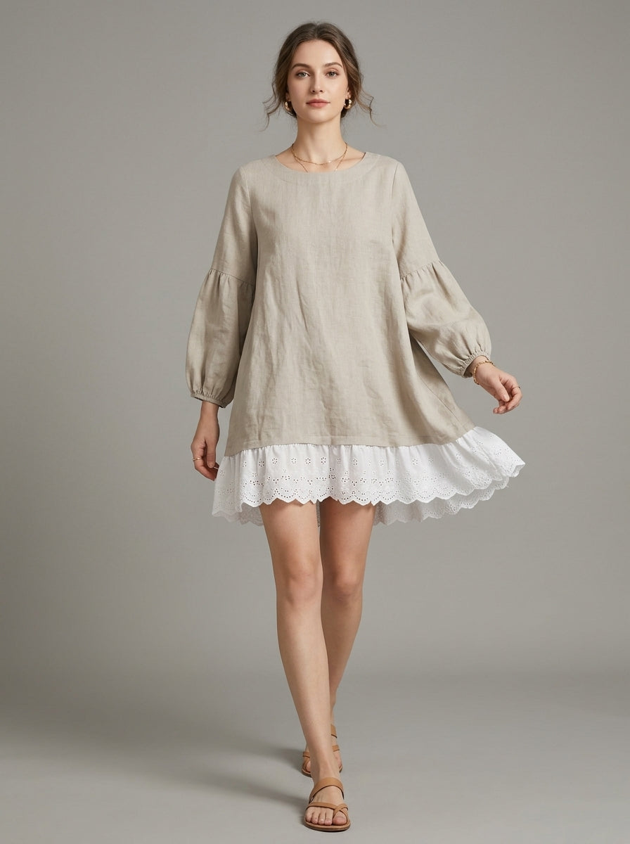 Loose Casual Blouse - Beige Round Neck Lace Ruffle Hem Long Sleeve Top