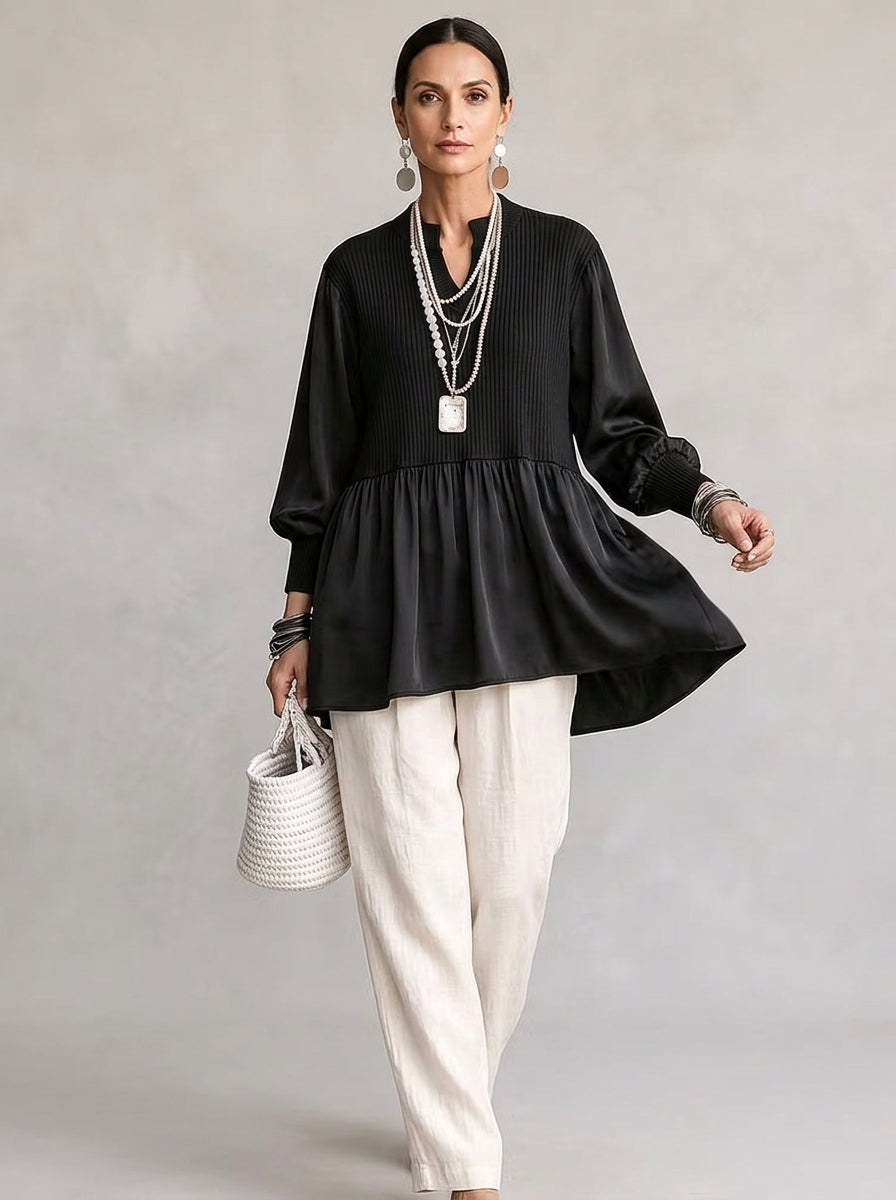 Ribbed Peplum Mixed-Media Tunic - Black Split V-Neck Bishop Sleeve Blouse