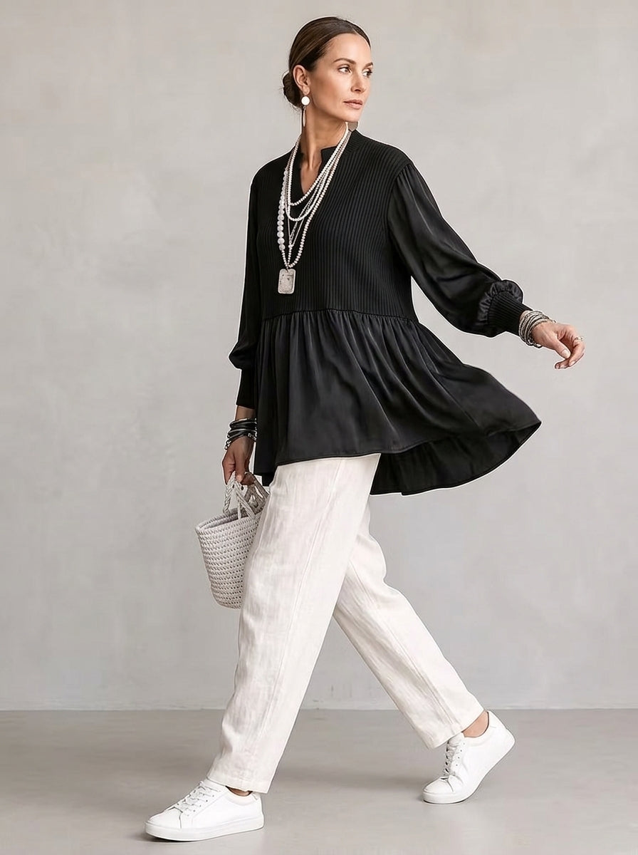 Ribbed Peplum Mixed-Media Tunic - Black Split V-Neck Bishop Sleeve Blouse