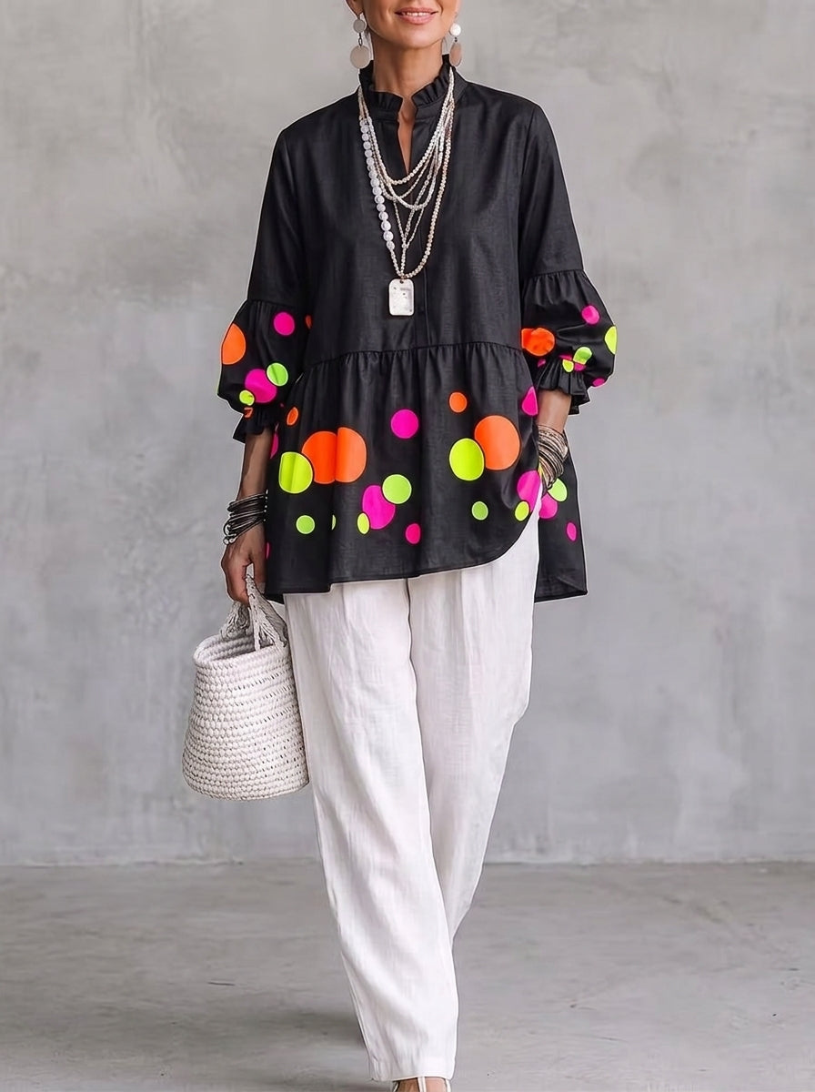 Neon Polka Dot Peplum Tunic - Black Ruffle V-Neck Bishop Sleeve Blouse