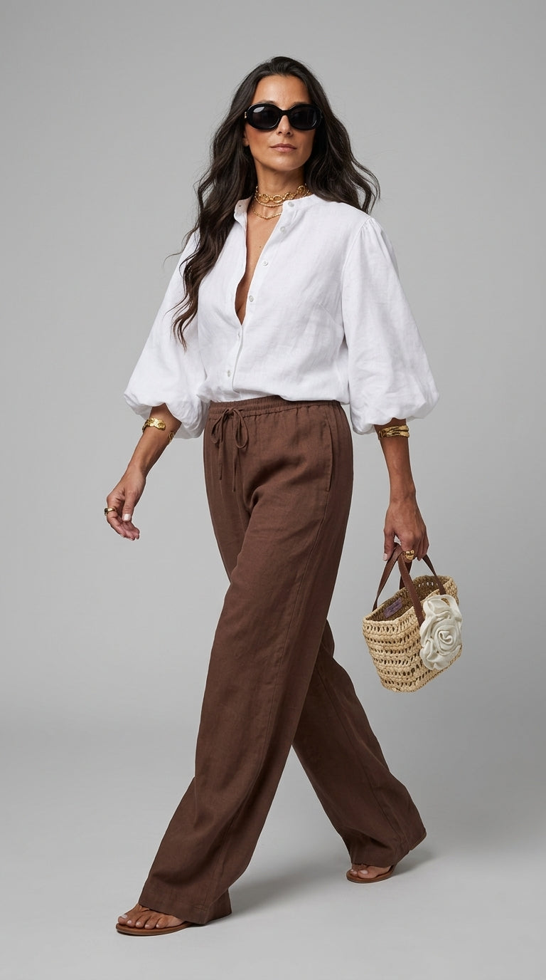 Linen Puff Sleeve Blouse in White - Button-Up Balloon Sleeve Shirt