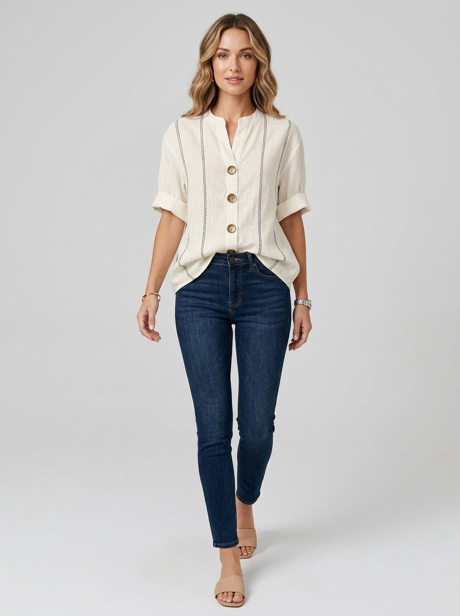 White Contrast Stitch Button-Front Blouse - Casual Cotton Top