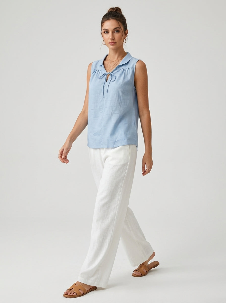 Light Blue Tie-Neck Collared Blouse - Sleeveless Cotton Top