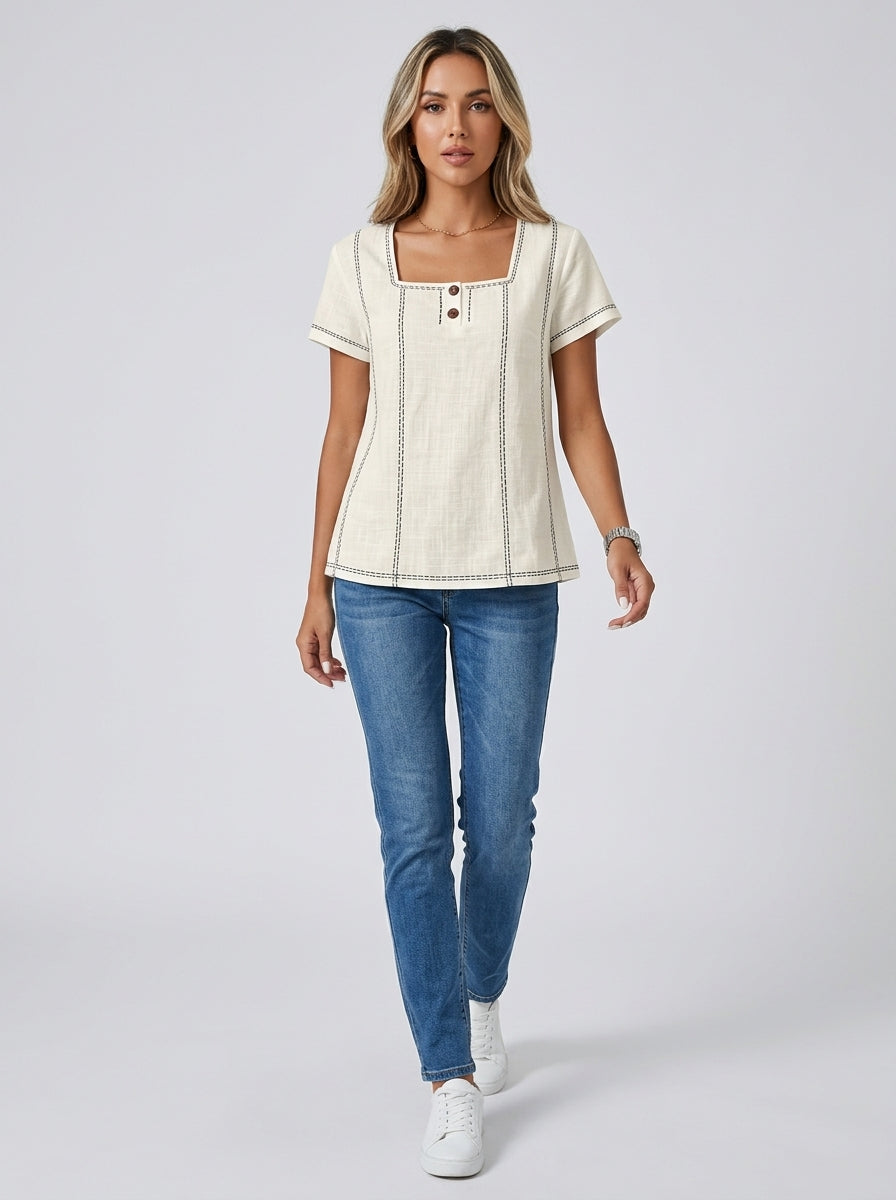 White Square Neck Contrast Stitch Blouse - Two-Button Casual Top
