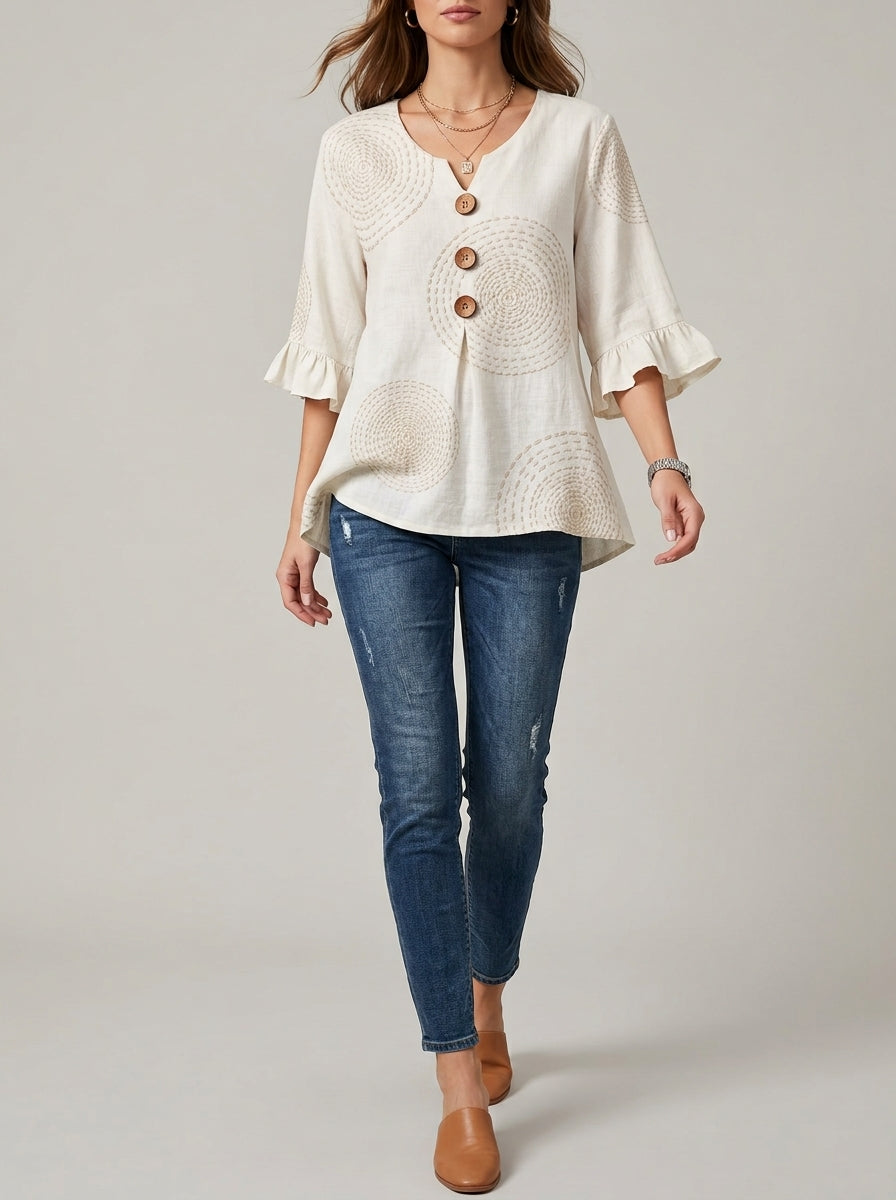 White Circle Print Wood Button Blouse - Ruffle Sleeve V-Neck Top