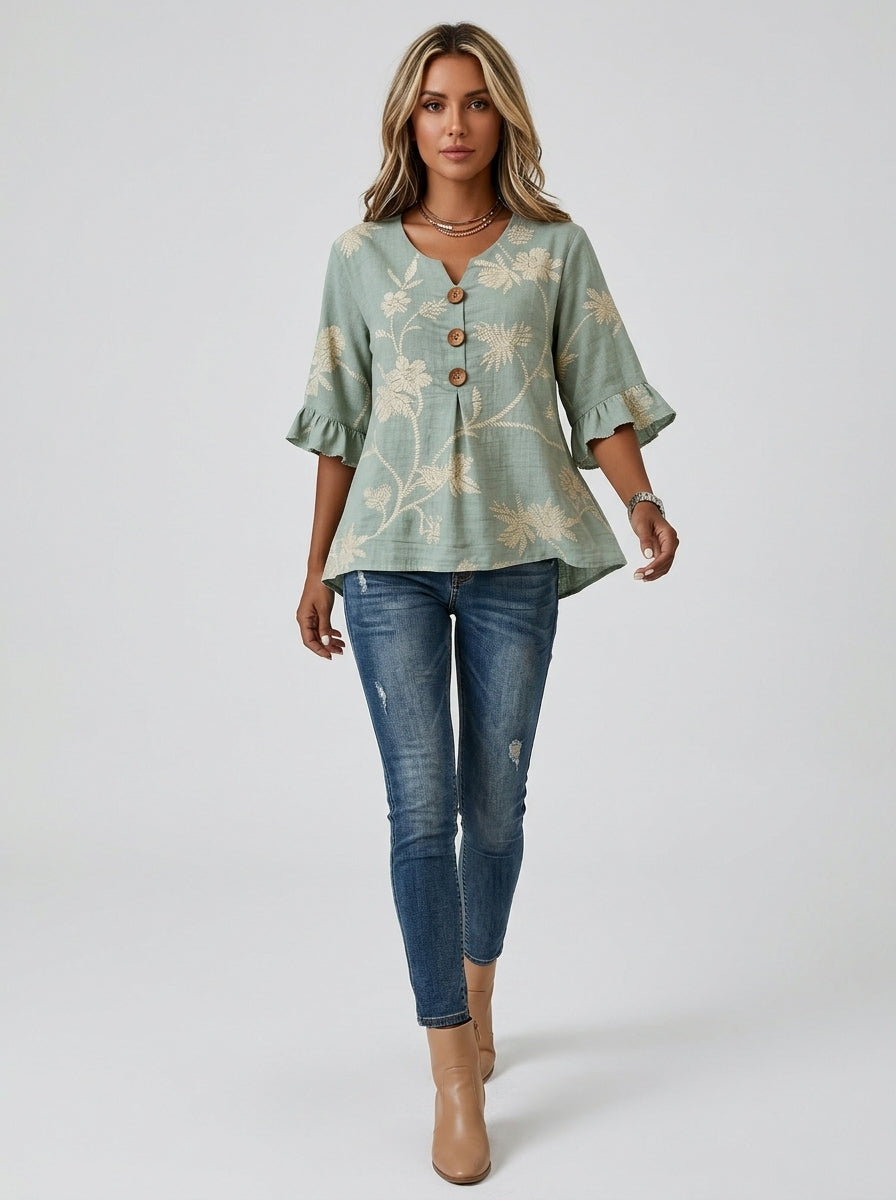 Sage Green Floral Print Blouse - Wood Button Ruffle Sleeve Top