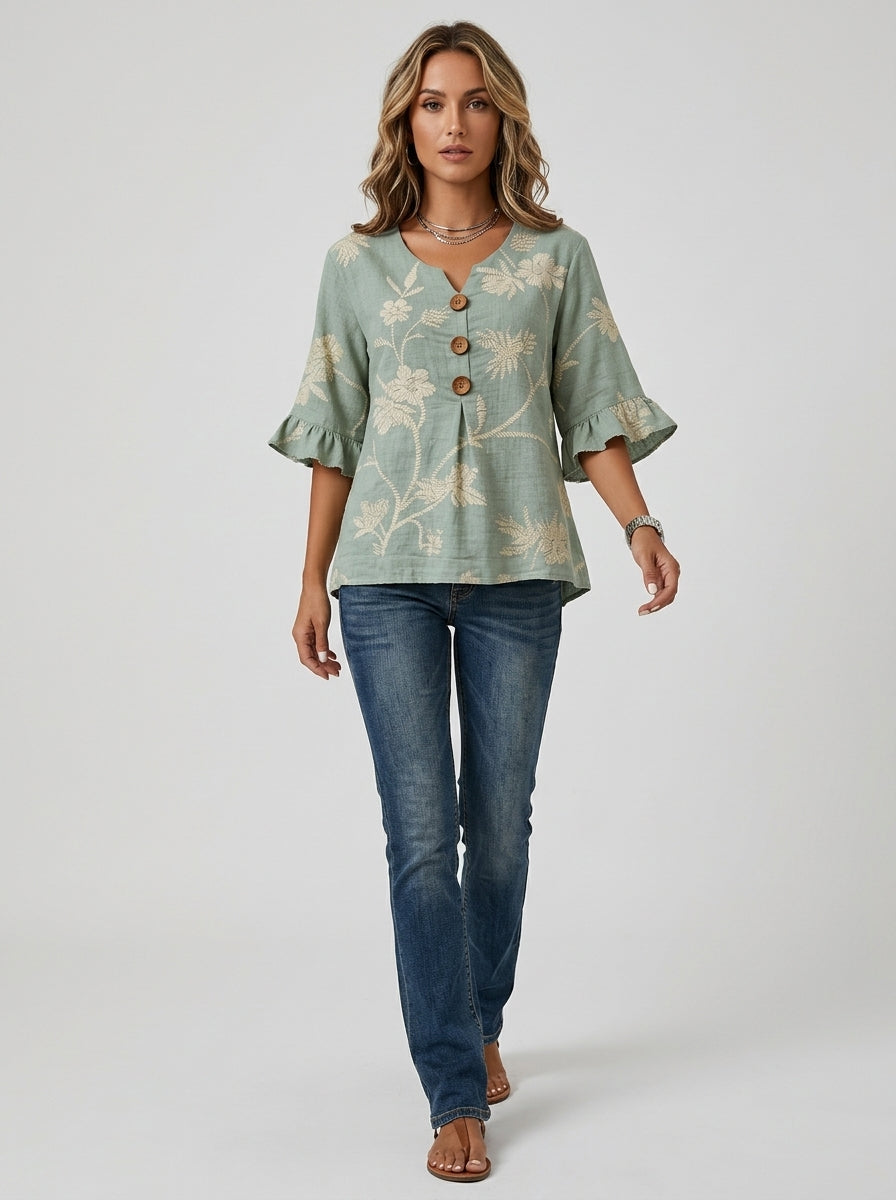 Sage Green Floral Print Blouse - Wood Button Ruffle Sleeve Top