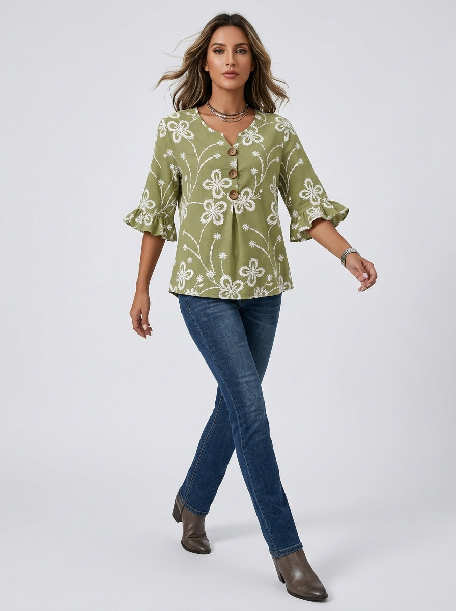 Olive Floral Print Blouse - Wood Button Ruffle Sleeve V-Neck Top
