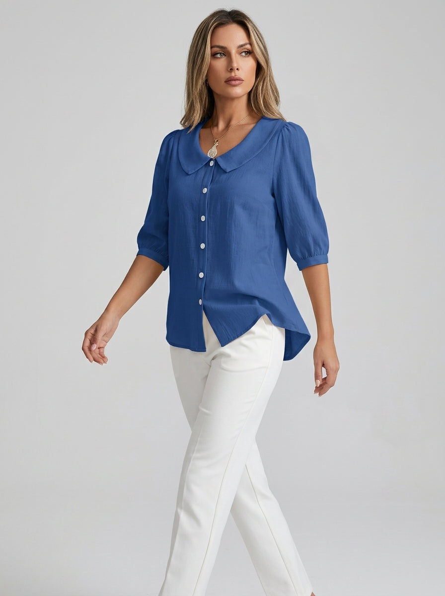 Retro Cotton Peter Pan Collar Button-Up Top in Blue - 3/4 Sleeve Relaxed Fit Blouse