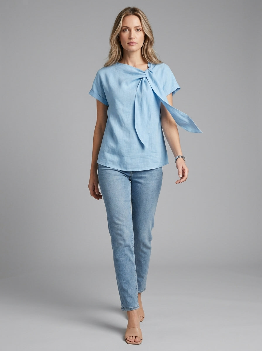 Casual Linen Cotton Tie-Neck Blouse in Light Blue - Short Sleeve Draped Bow Top