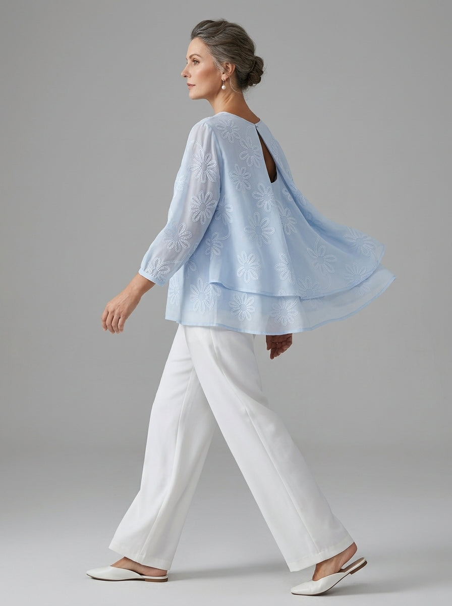 Romantic Floral Embroidered Open-Back Blouse in Light Blue - Round Neck Keyhole Cutout Top