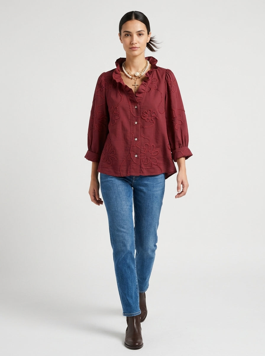 Romantic Casual Cotton Blouse - Burgundy Ruffled V-Neck Floral Embroidered Top