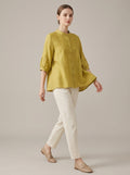Loose Boho Embroidered Blouse - Chartreuse Mandarin Collar 3/4 Sleeve Top