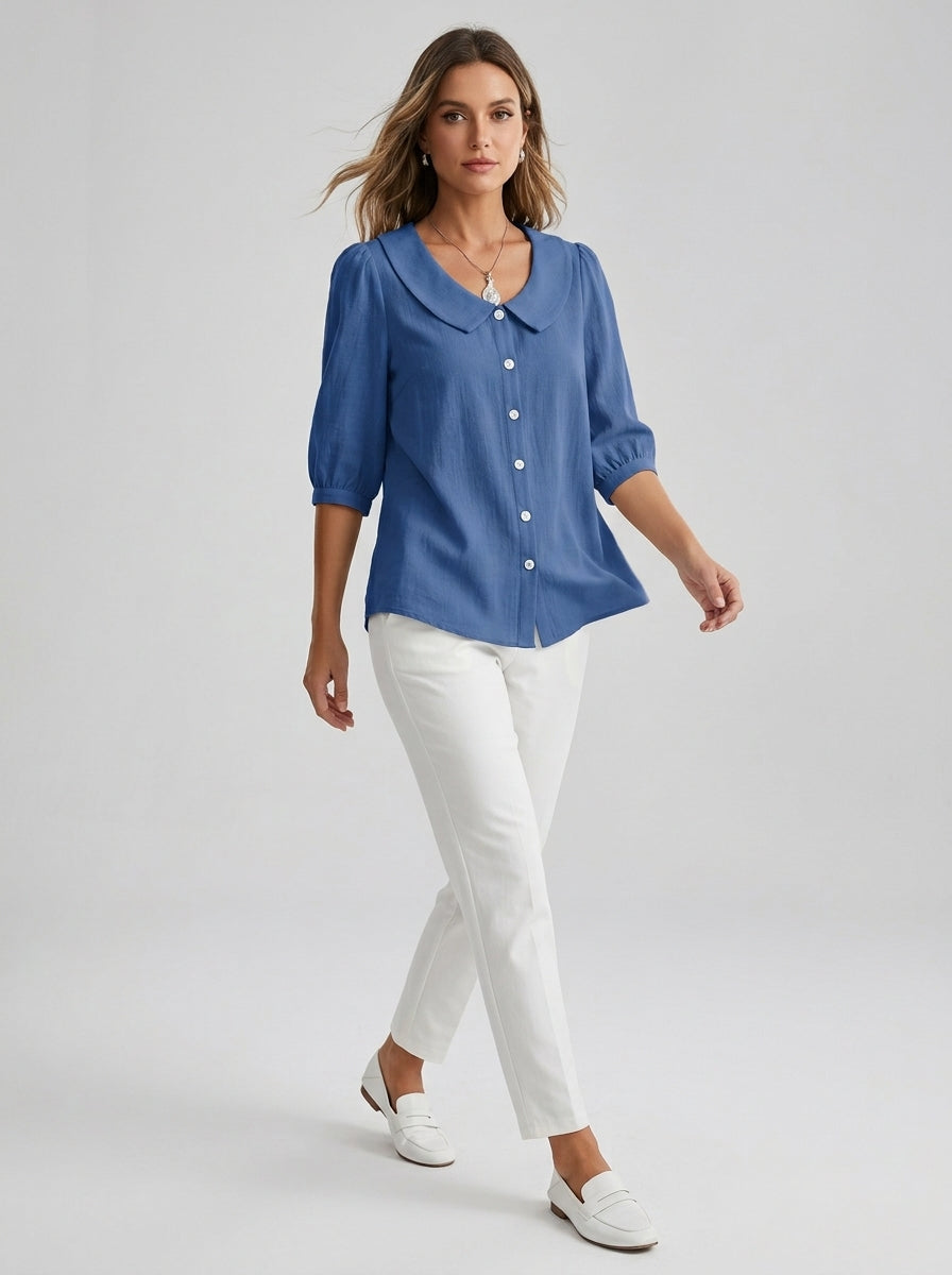 Retro Cotton Peter Pan Collar Button-Up Top in Blue - 3/4 Sleeve Relaxed Fit Blouse
