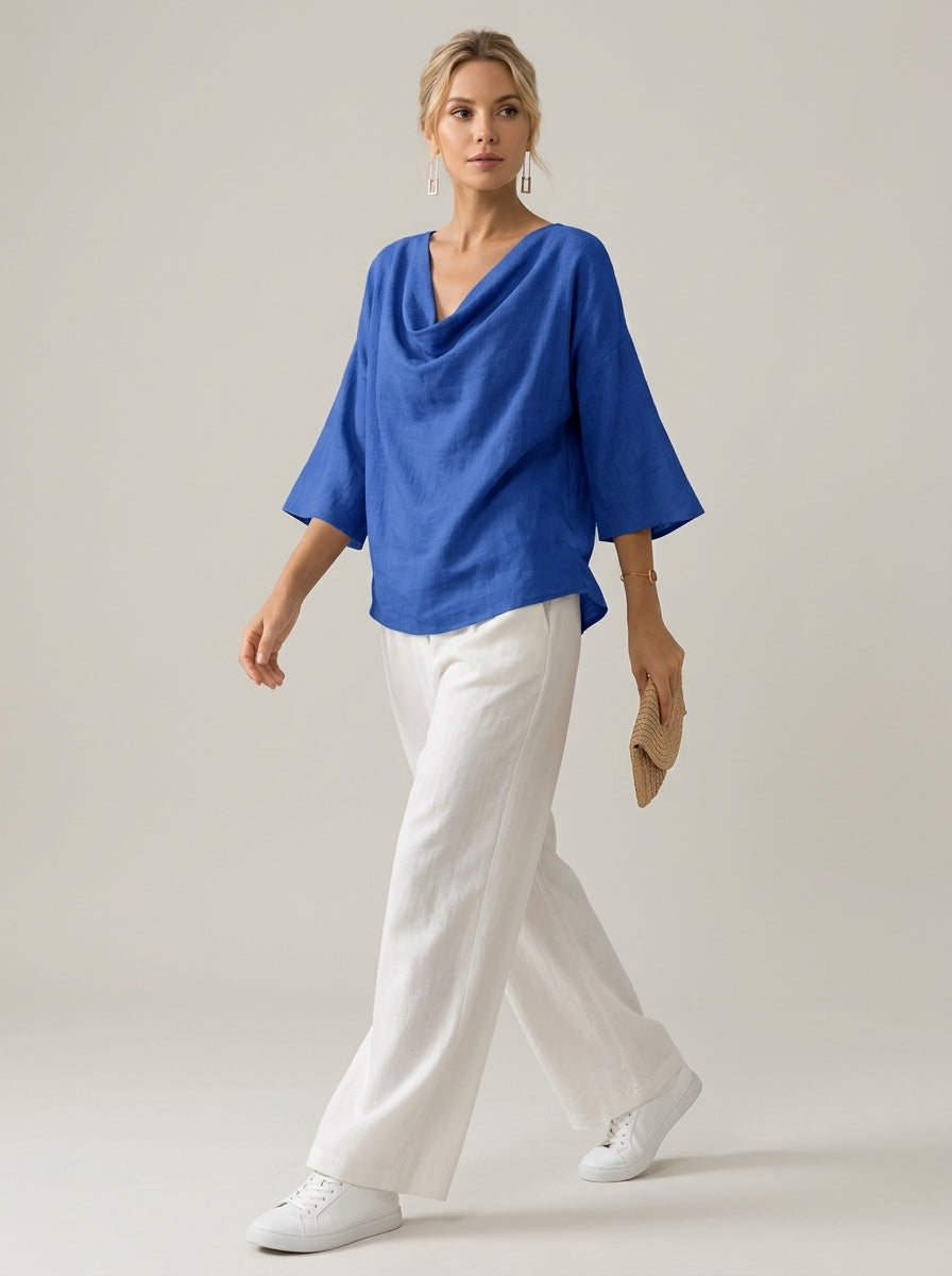 Elegant Cotton Linen Blouse - Blue Cowl Neck 3/4 Sleeve Top
