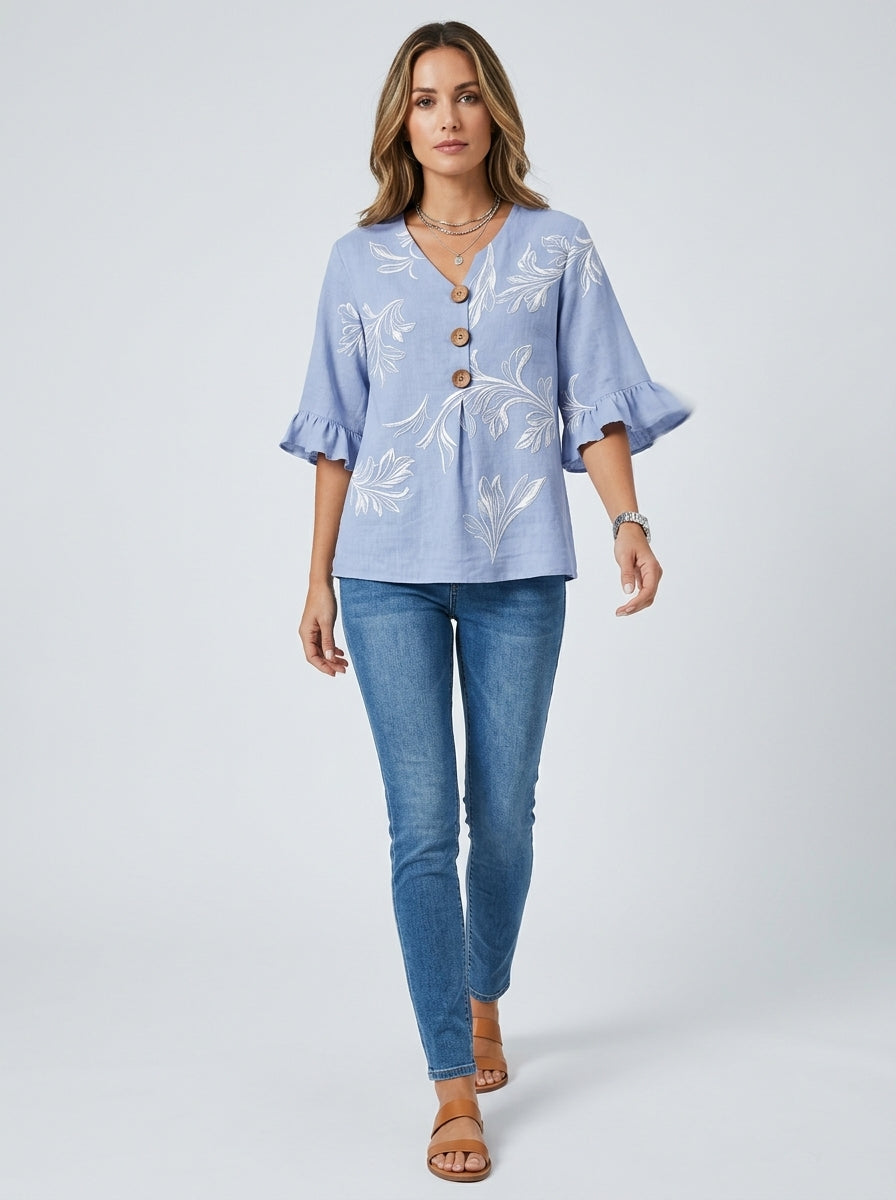 Casual Botanical Leaf Print Button-Front Top in Light Blue - Ruffle Sleeve V-Neck Blouse