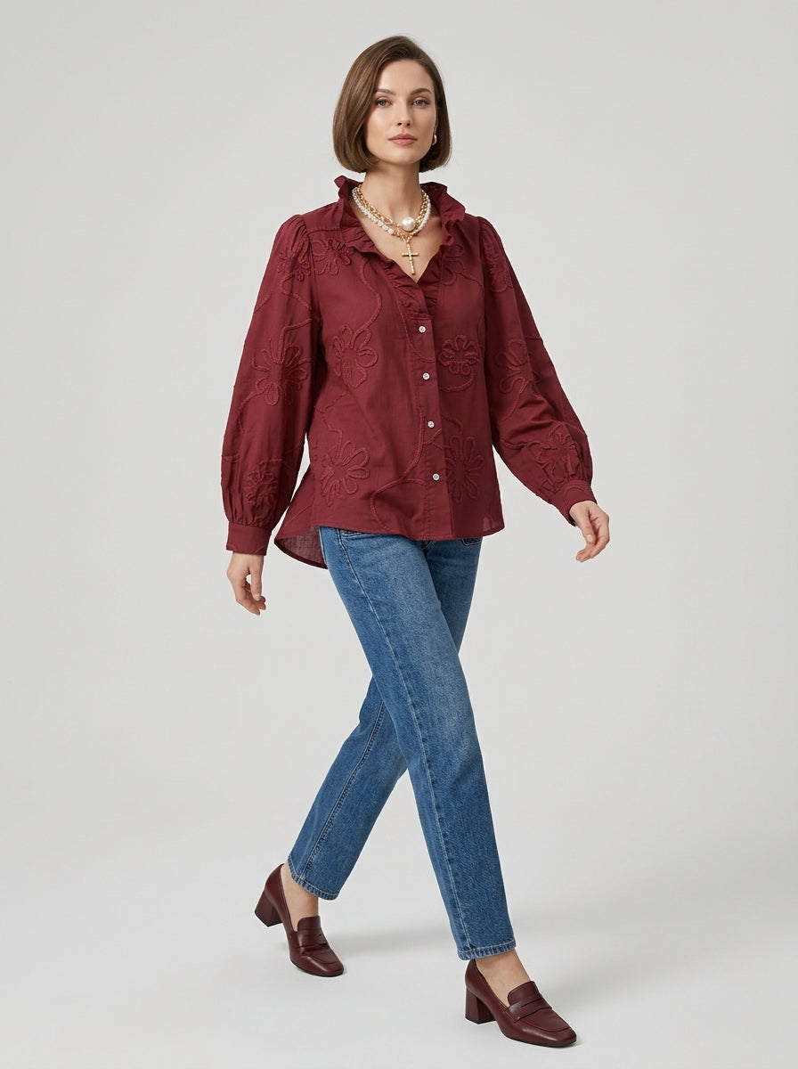 Romantic Casual Cotton Blouse - Burgundy Ruffled V-Neck Floral Embroidered Top