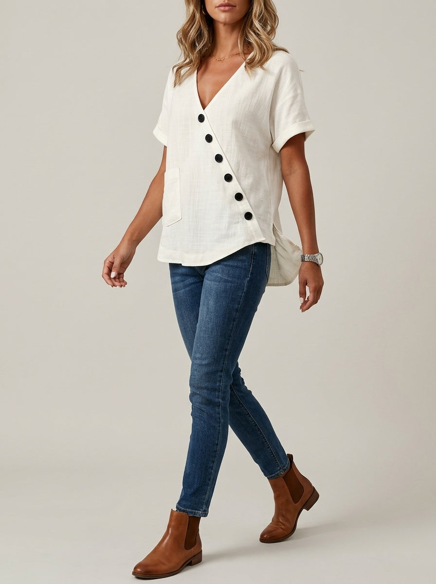 White Asymmetric Button Blouse - V-Neck Patch Pocket Casual Top