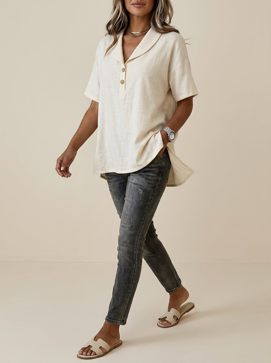 Collared Two-Button Placket Top - Short Sleeve Cotton Linen Blouse