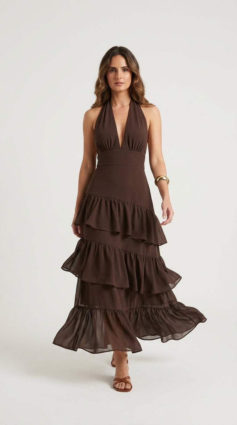 Manila Dress in Brown - Halter Tiered Ruffle Maxi Dress
