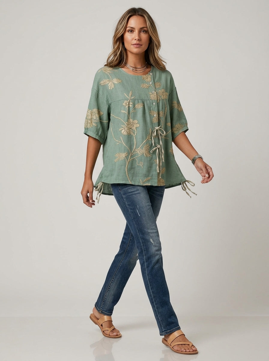 Casual Floral Embroidered Drawstring Hem Top in Sage Green - Round Neck Button Placket Top