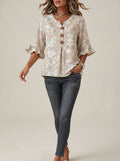Beige Floral Print Blouse - Wood Button V-Neck Ruffle Sleeve Top