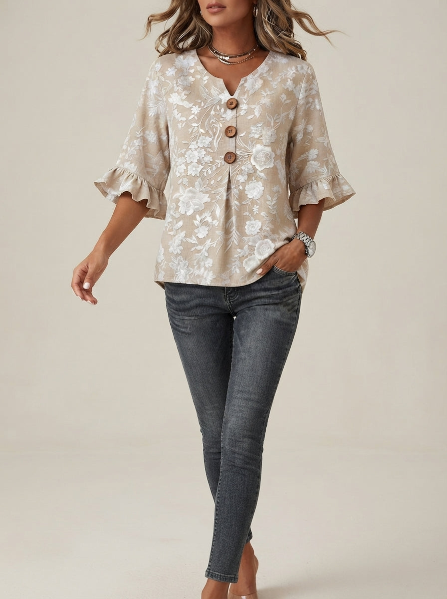 Beige Floral Print Blouse - Wood Button V-Neck Ruffle Sleeve Top