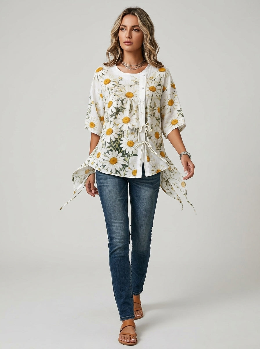 White Daisy Print Blouse - Round Neck Tie-Front Patchwork Top
