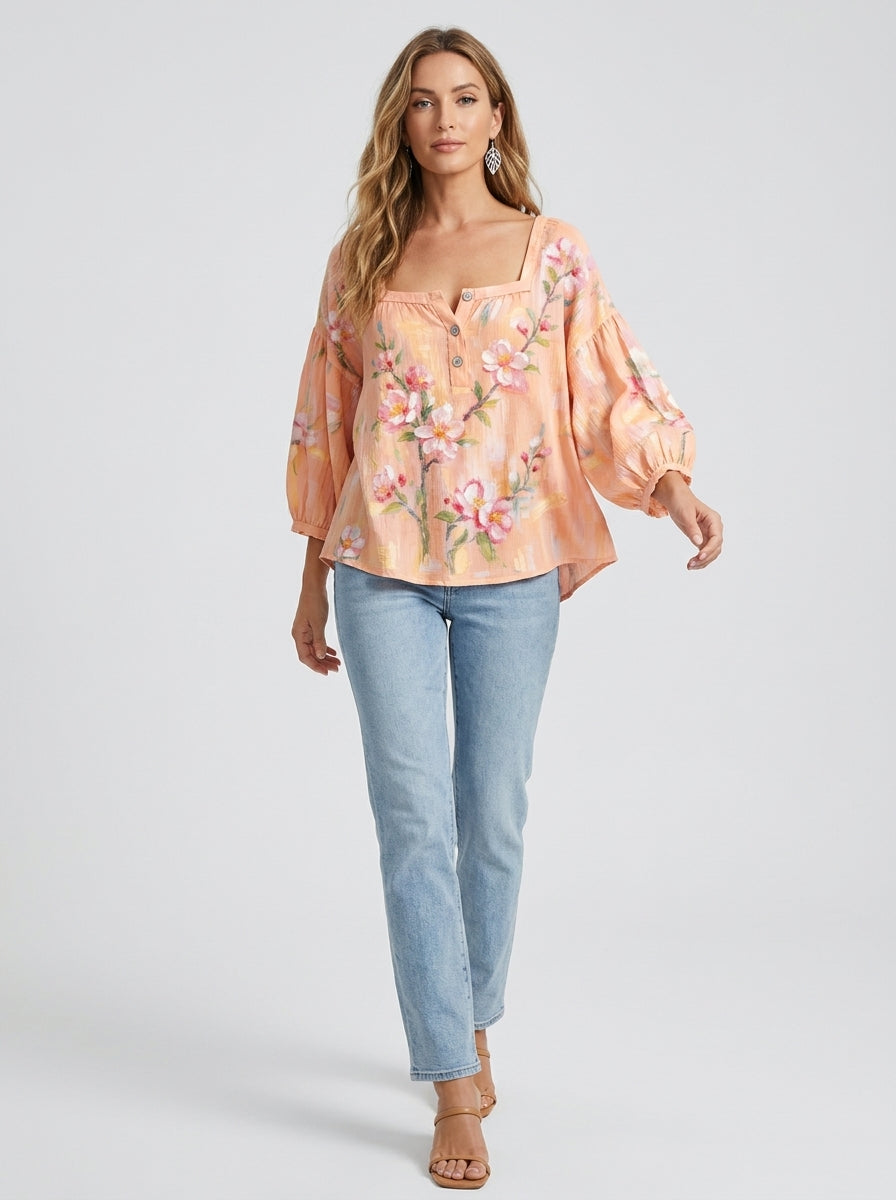 Peach Floral Print Blouse - Square Neck Balloon Sleeve Top