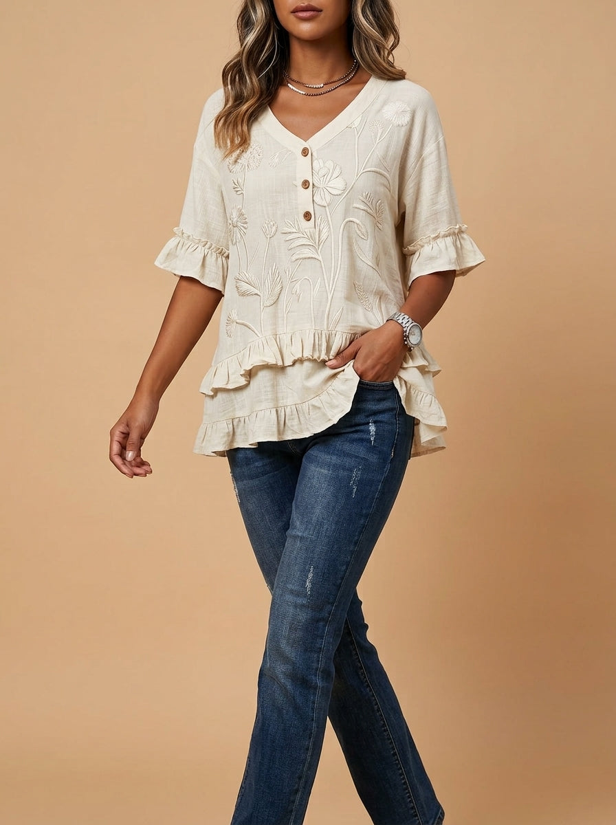 Retro Floral Embroidered V-Neck Ruffle Blouse in Cream - Button Placket 3/4 Sleeve Top