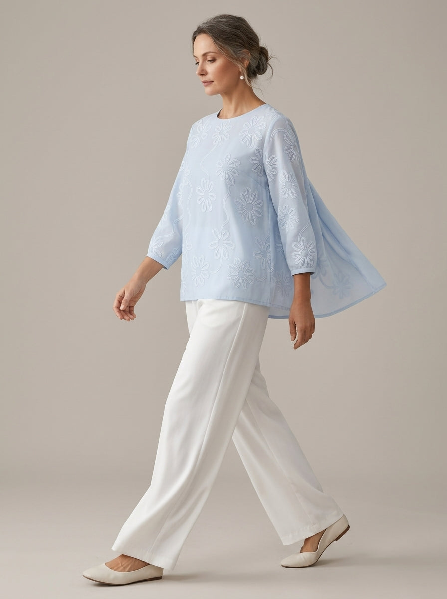 Romantic Floral Embroidered Open-Back Blouse in Light Blue - Round Neck Keyhole Cutout Top