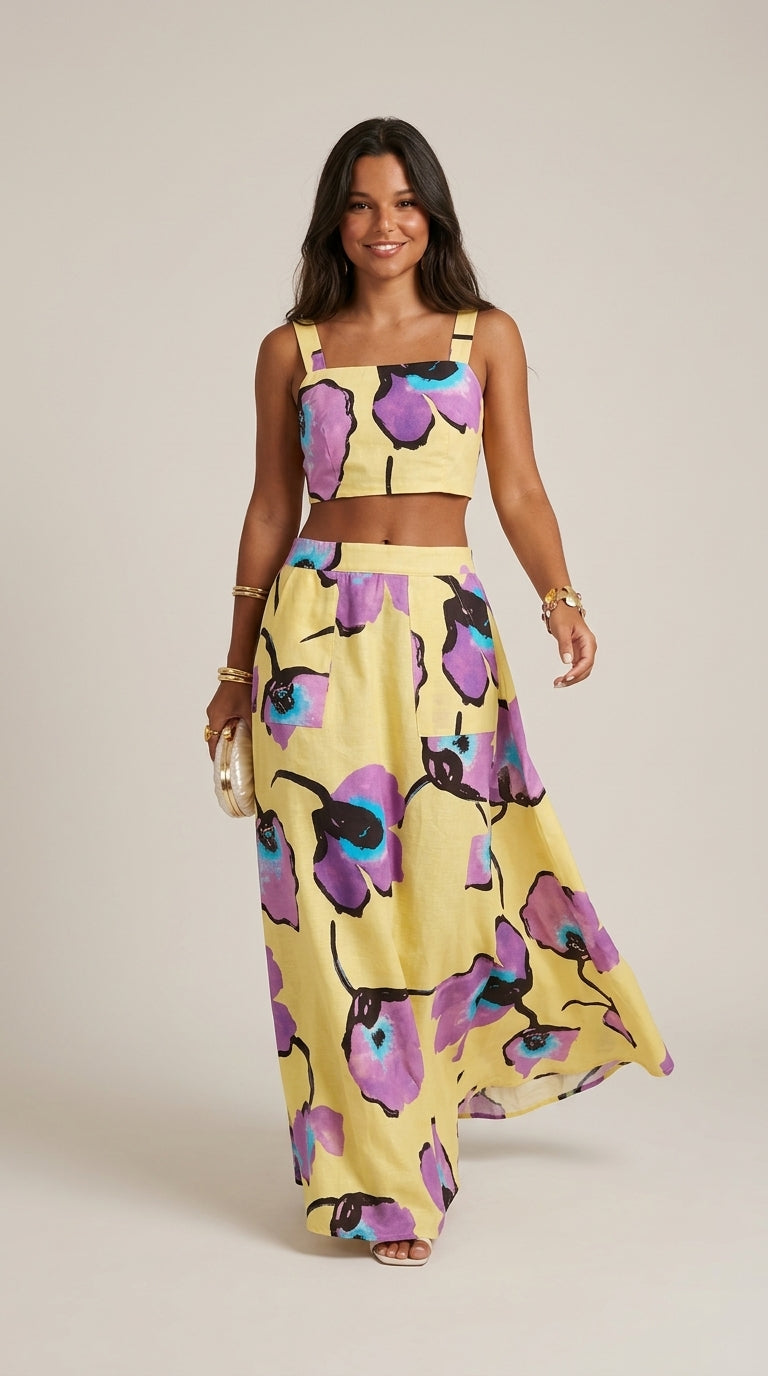 Floral Print Set - Square Neck Tie-Back Crop Top and Wide-Leg Maxi Skirt Set