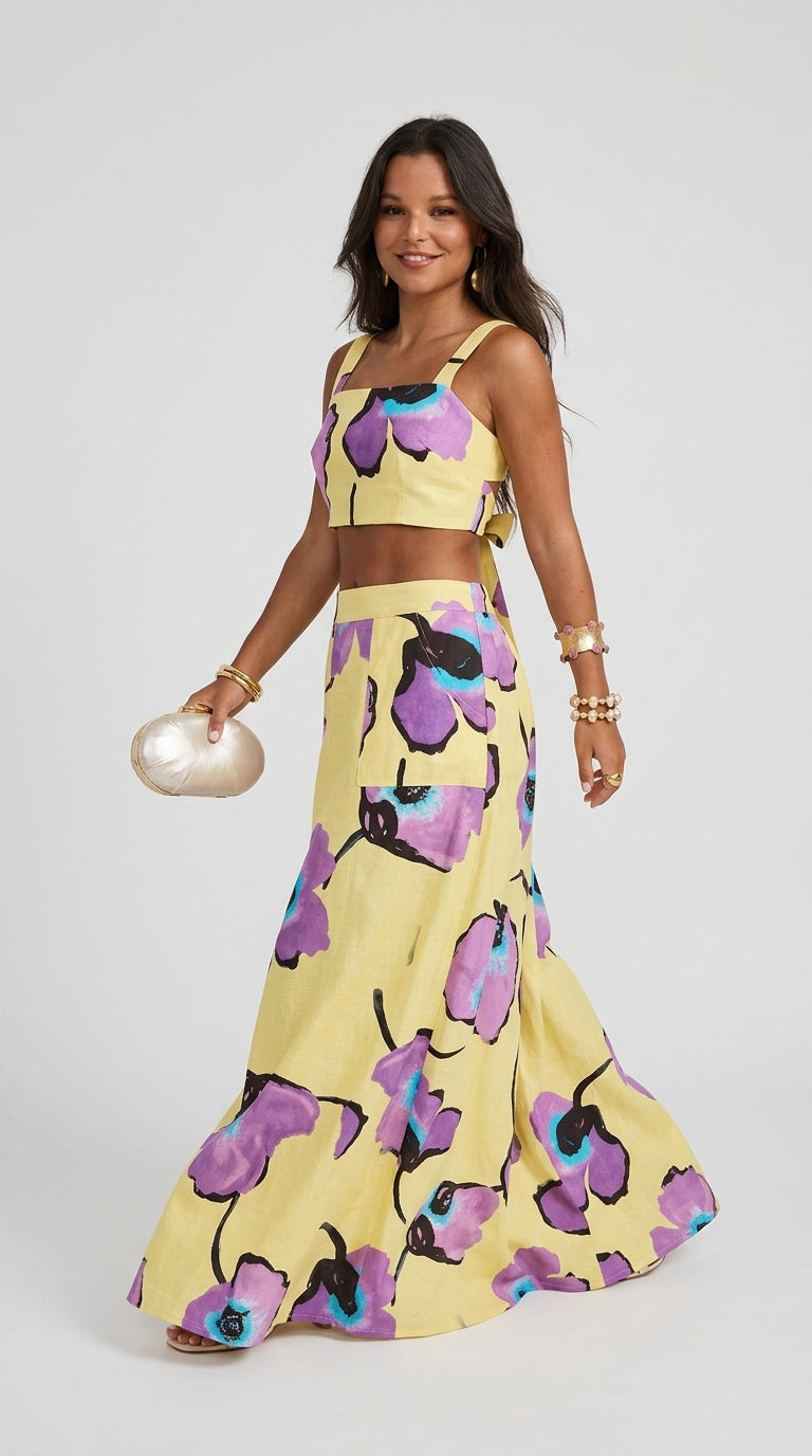 Floral Print Set - Square Neck Tie-Back Crop Top and Wide-Leg Maxi Skirt Set