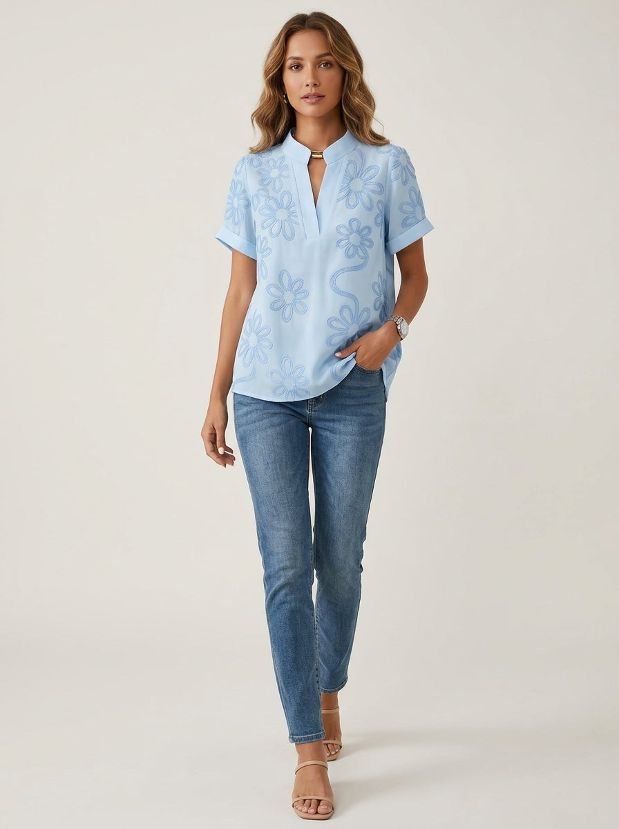 Casual Abstract Floral Print Notched V-Neck Top in Light Blue - Short Sleeve Split Neck Blouse