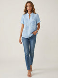 Casual Abstract Floral Print Notched V-Neck Top in Light Blue - Short Sleeve Split Neck Blouse