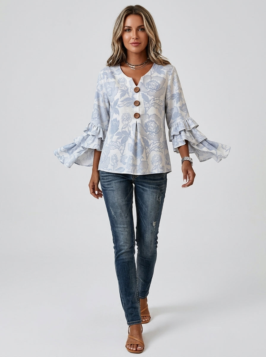 Casual Floral Print Button-Front Top in Blue and White - Ruffle Sleeve V-Neck Blouse